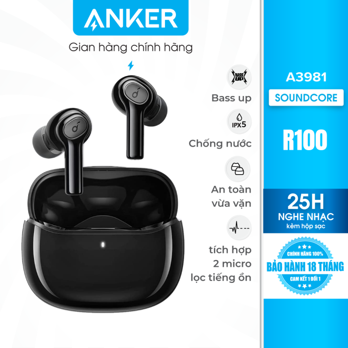 Tai nghe bluetooth SOUNDCORE (by ANKER) R100 True Wireless, 25 giờ nghe nhạc,