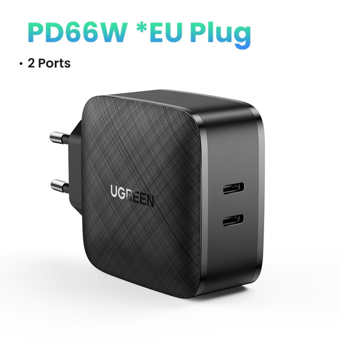 Củ Sạc Nhanh Ugreen 66w, 2 Cổng Usb-C Hỗ Trợ Sạc Nhanh điện thoại , máy tính , laptop