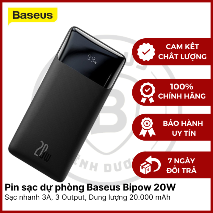 Pin Dự Phòng Pd 20w Baseus Bipow Digital Display Sạc Nhanh 3a, Dung Lượng 20000mah, Có Đèn Led Hiện Thị, 3 Cổng Output