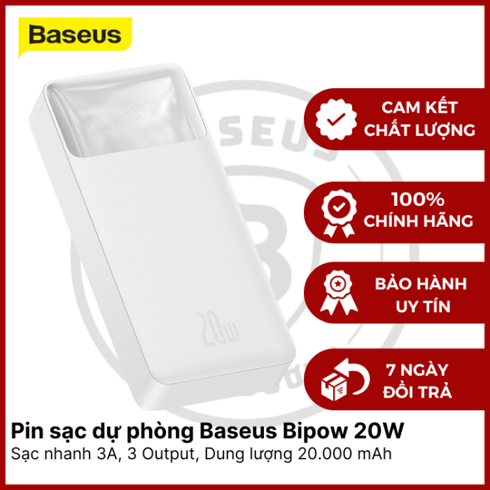 Pin Dự Phòng Pd 20w Baseus Bipow Digital Display Sạc Nhanh 3a, Dung Lượng 20000mah, Có Đèn Led Hiện Thị, 3 Cổng Output - Màu Trắng