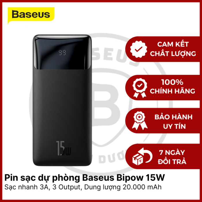 Pin Sạc Dự Phòng Baseus Bipow Digital Display Power bank 20000mAh 15W - Màu Đen