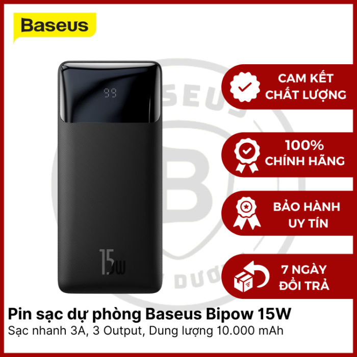 Pin sạc dự phòng Baseus Bipow Digital Display Power Bank 10000mAh/15w (USB*2+Type C , LED Display, 2 Way Fast charge, 2023 New upgrade Edition)