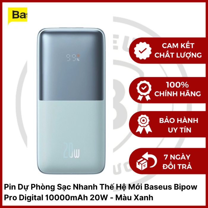 Pin Dự Phòng Sạc Nhanh Thế Hệ Mới Baseus Bipow Pro Digital Display Fast Charge Power Bank 10000mAh - 20W (Kèm Cáp Type C 3A 30cm) - Màu Xanh