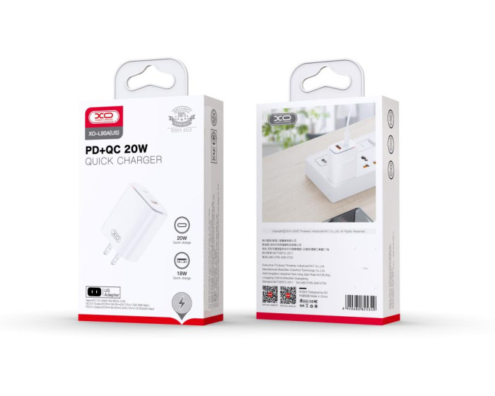 (Free Ship) Củ Sạc 2 Cổng PD 20W + USB QC 3.0 XO L90A - Chính Hãng