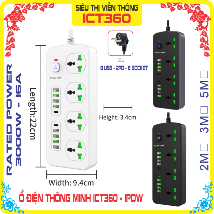 ( Free Ship ) Ổ điện IPOW T91, 8 Cổng usb, 2 Cổng PD, 4 Cổng Cắm AC - Dây kháng lửa dài 5M ( Đen)