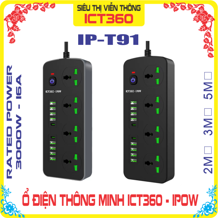 ( Free Ship ) Ổ điện IPOW T91, 8 Cổng usb, 2 Cổng PD, 4 Cổng Cắm AC - Dây kháng lửa dài 5M ( Đen)