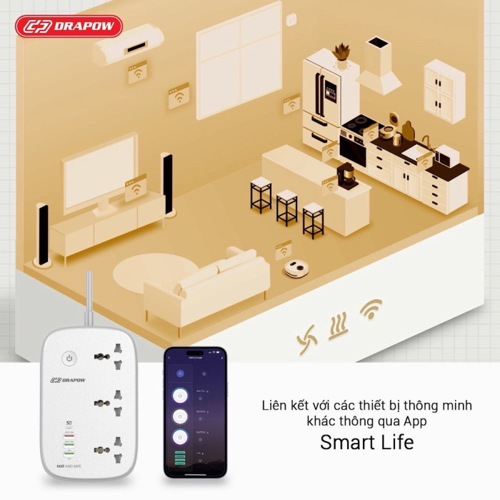 {Tặng cáp 100W} Ổ cắm điện Wifi thông minh kết nối App Drapow SK25 3 ổ cắm điện 2500W+1 cổng sạc 30W