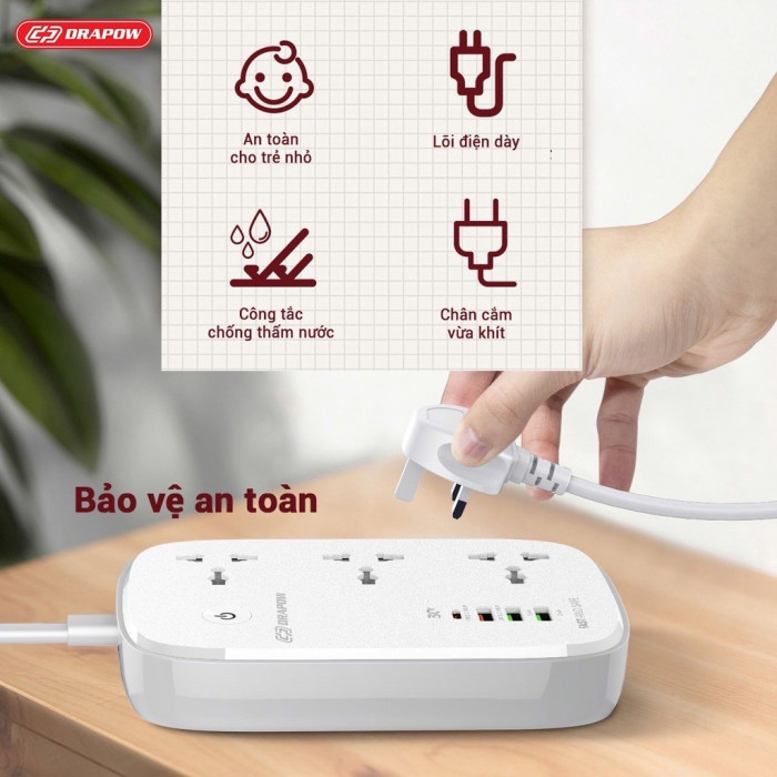 {Tặng cáp 100W} Ổ cắm điện Wifi thông minh kết nối App Drapow SK25 3 ổ cắm điện 2500W+1 cổng sạc 30W