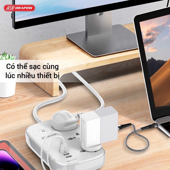 {Tặng cáp 100W} Ổ cắm điện Wifi thông minh kết nối App Drapow SK25 3 ổ cắm điện 2500W+1 cổng sạc 30W