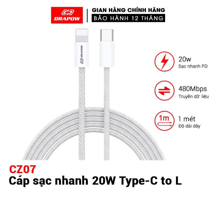 Cáp sạc nhanh iPhone dây dù DRAPOW CZ07 chân Type C to L sạc nhanh PD