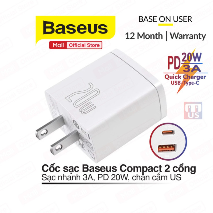 Củ sạc 20W Baseus - 2 cổng USB + Type C - Hỗ trợ sạc nhanh - An Toàn - Tiện Dụng