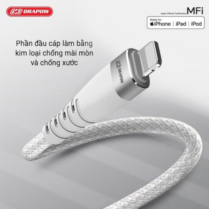 Dây cáp sạc nhanh 1M iPhone chuẩn MFI hãng DRAPOW CF22