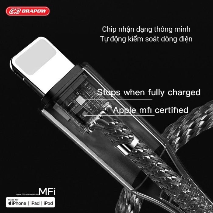 Dây cáp sạc nhanh 3M iPhone chuẩn MFI hãng DRAPOW CF23