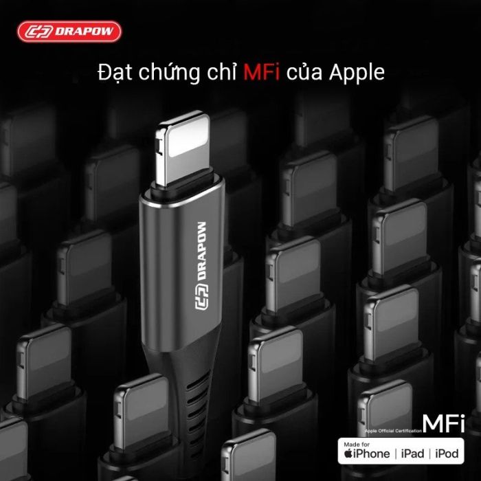 Dây cáp sạc nhanh 2M iPhone chuẩn MFI hãng DRAPOW CF23