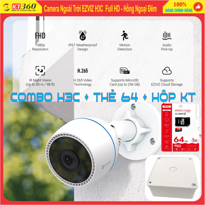 Combo Cam Ngoài Trời H3C + Thẻ 64Gb + Hộp Kỹ Thuật ( Bản Hồng Ngoại Đêm ) - Full VAT BH 24 Tháng