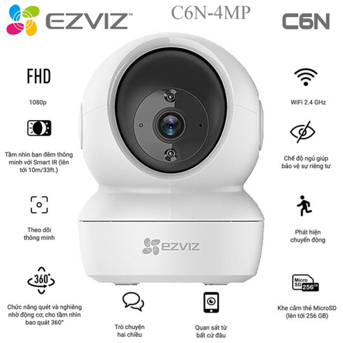 (Tặng Đèn Pin Đội đầu XO Giá 39K) Combo Camera EZViz C6N 4MP + Thẻ 64GB XO + Chân Đế Chữ L