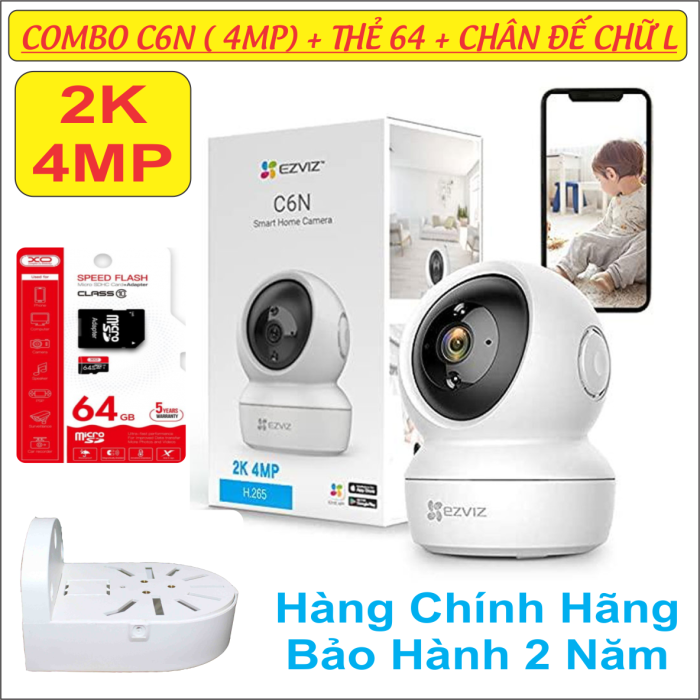 (Tặng Đèn Pin Đội đầu XO Giá 39K) Combo Camera EZViz C6N 4MP + Thẻ 64GB XO + Chân Đế Chữ L