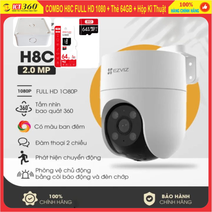 Combo Camera Ezviz H8C ( 2MP) + Thẻ Nhớ 64Gb + Hộp Kỹ Thuật - Chính Hãng ( Có màu ban đêm)