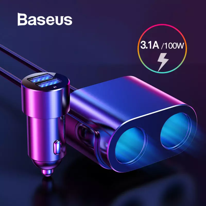 Baseus High Efficiency One to Two Cigarette Lighter(dual- cigarette lighter 80W +dual USB 3.1A)Blac