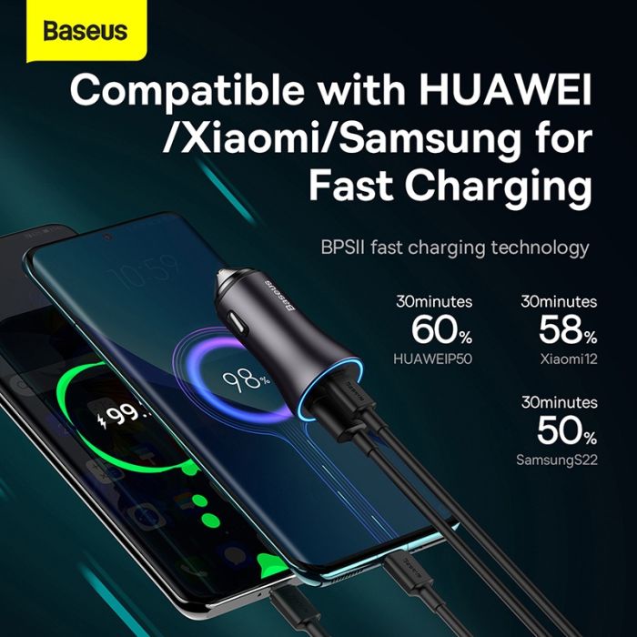 Baseus Golden Contactor Max Dual Fast Charger Car Charger U+C 60W Blue