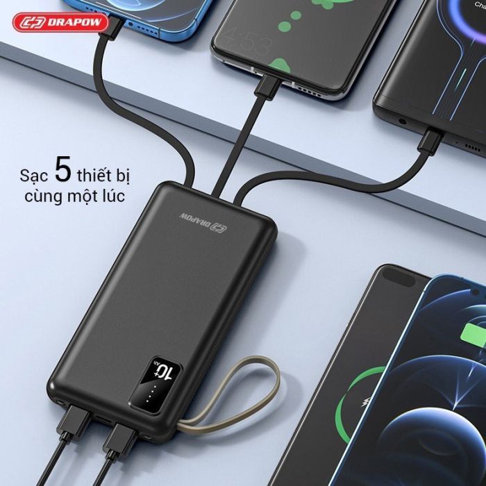 Pin sạc dự phòng 10.000mAh Drapow XP16 liền 4 dây cáp