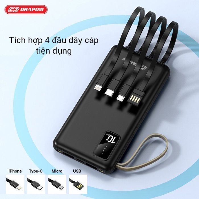 Pin sạc dự phòng 10.000mAh Drapow XP16 liền 4 dây cáp