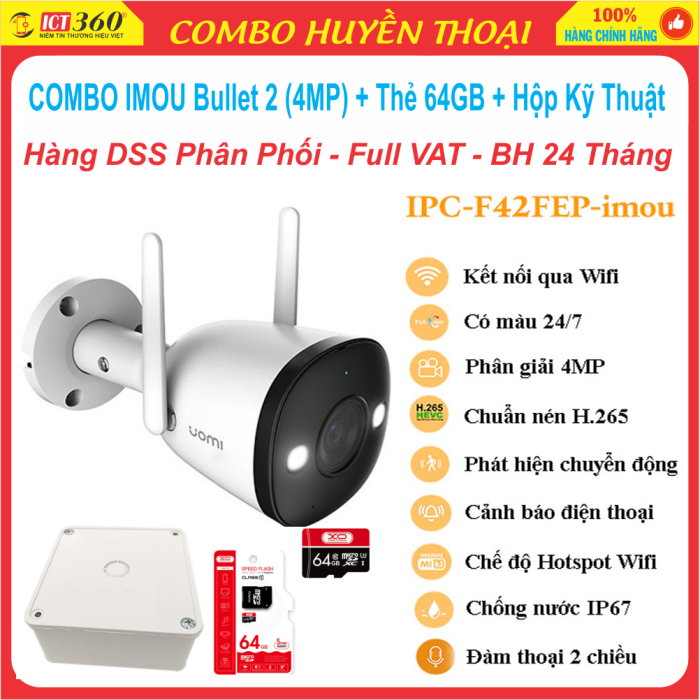 Combo Camera Ngoài Trời imou Bullet 2 ( 4MP - F42FEP) Full Color + Thẻ Nhớ 64GB + Hộp Kỹ Thuật(DSS)