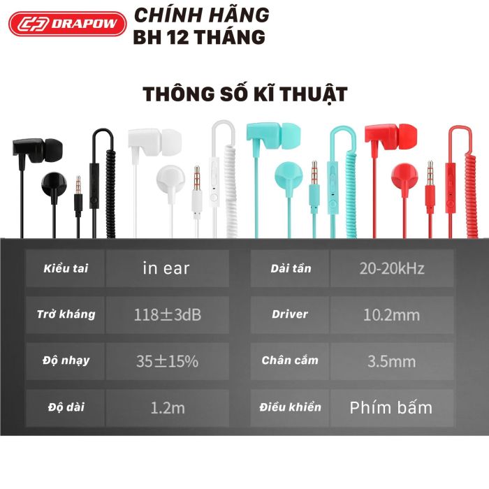 Tai nghe Drapow Twister C10 chính hãng nghe nhạc dây xoắn kéo dài , chân cắm 3.5mm