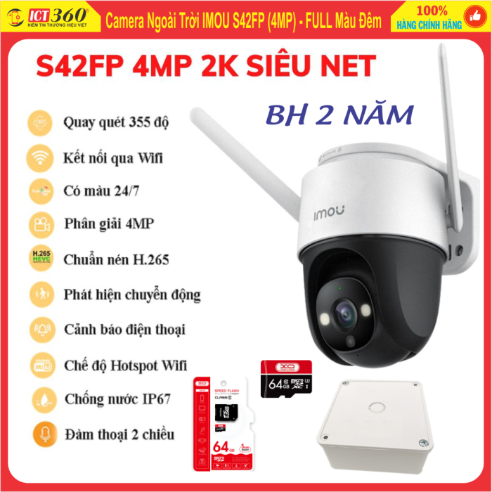 Combo Camera ngoài trời imou S42FP (4 MP - Hàng DSS ) + Thẻ Nhớ 64GB + Hộp Kỹ Thuật - Full VAT