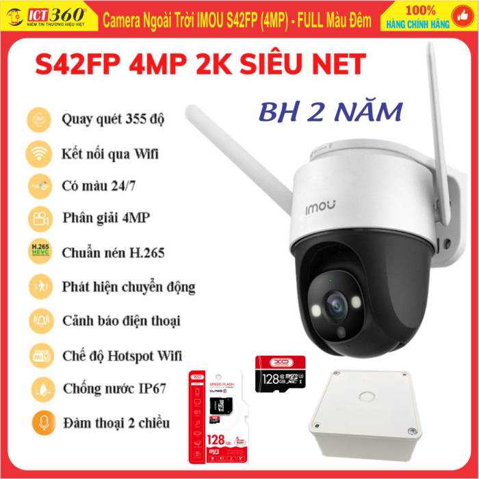 Combo Camera ngoài trời imou S42FP (4 MP - Hàng DSS ) + Thẻ Nhớ 128GB + Hộp Kỹ Thuật - Full VAT