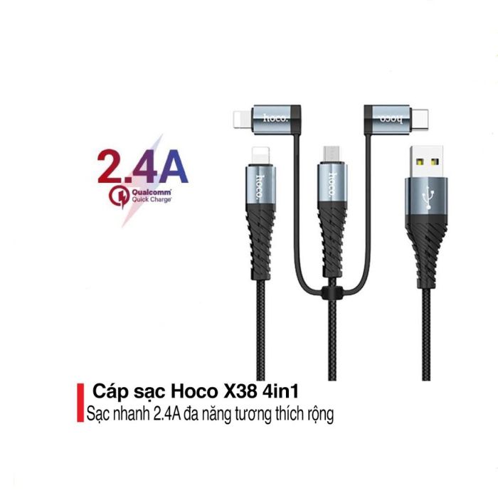 Cáp sạc nhanh và truyền dữ liệu tốc độ cao Hoco X38 sạc nhanh 3.0A MAX đa năng 4 trong 1 Dài 1m Chín