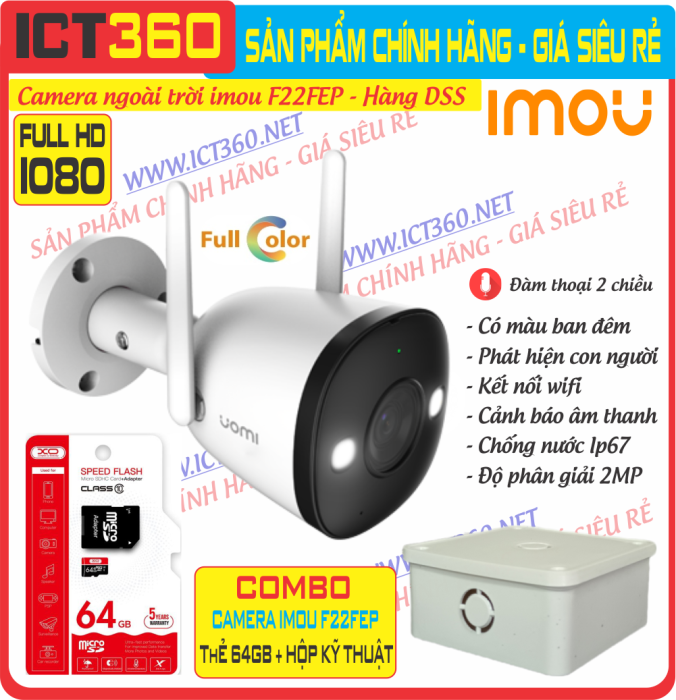 Combo Camera Ngoài Trời IMOU Bullet 2 F22FEP + Thẻ Nhớ 64GB + Hộp Kỹ Thuật (Hàng DSS - Full VAT)