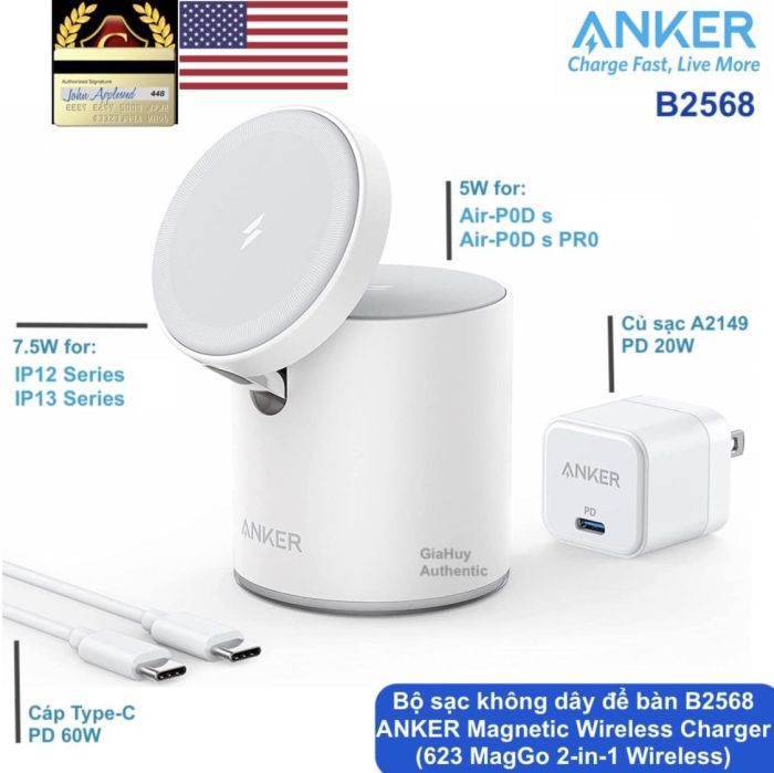 Bộ sạc không dây 2 in 1 cho iP13 Series/ iP12 Series và E Pót - Pro ANKER 623 Magnetic B2568