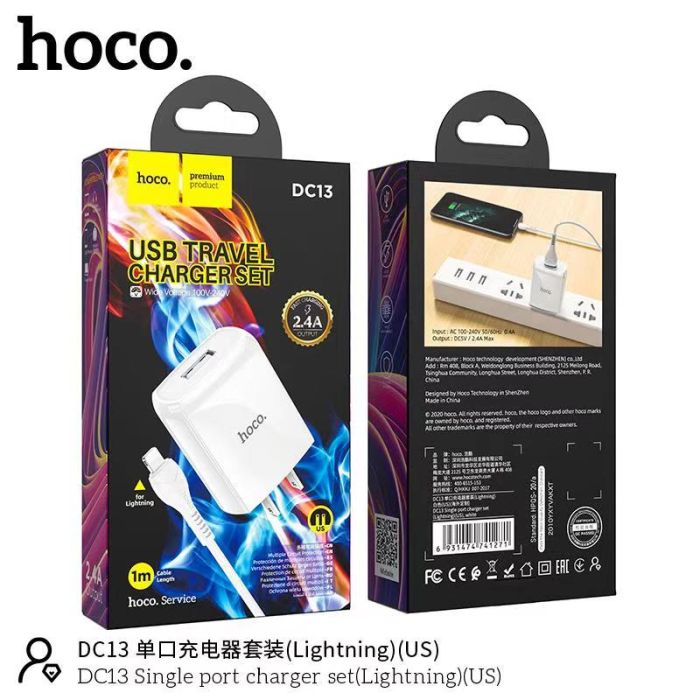 Bộ củ kèm cáp sạc Hoco DC13 lightning chính hãng hoco