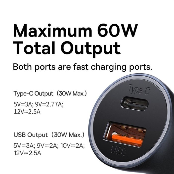 Tẩu Sạc Ô Tô Baseus Golden Contactor Max Dual Fast Charger Car Charger 60W