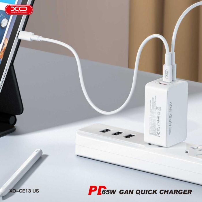 Củ Sạc Nhanh 65W XO CE13 Công Nghệ GaN ( 2 USB-C 65W - 1 USB-A 22.5W)