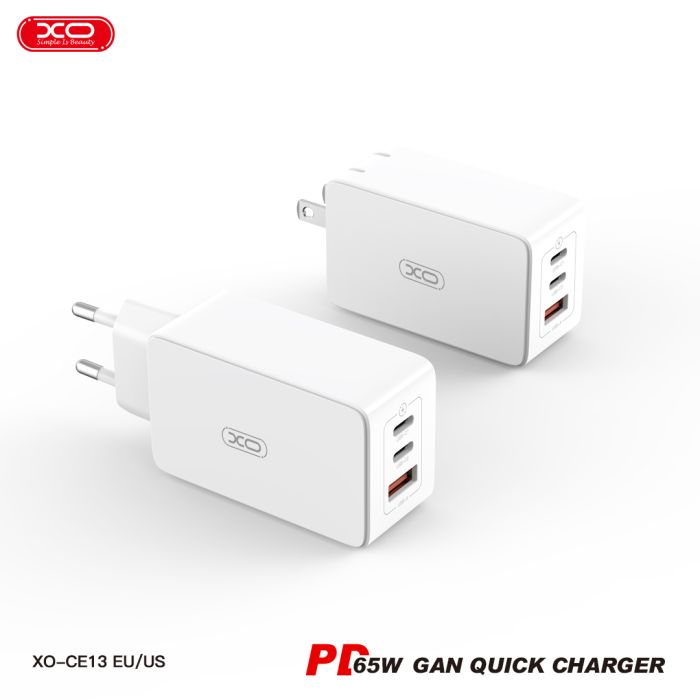 Củ Sạc Nhanh 65W XO CE13 Công Nghệ GaN ( 2 USB-C 65W - 1 USB-A 22.5W)