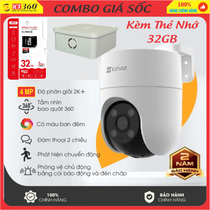 Combo Camera Ngoài Trời EZVIZ H8C (4MP) + Thẻ 32Gb + Hộp Kỹ Thuật - Chính Hãng - Có Màu Ban Đêm