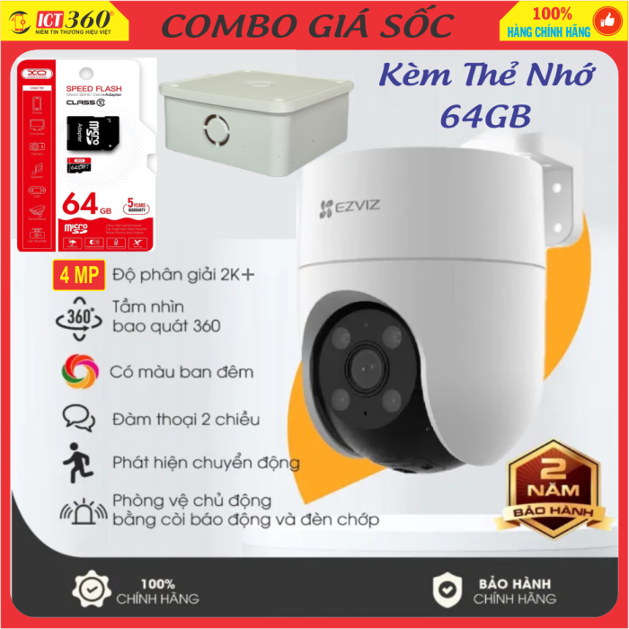 Combo Camera Ngoài Trời EZVIZ H8C (4MP) + Thẻ 64Gb + Hộp Kỹ Thuật - Chính Hãng - Có Màu Ban Đêm