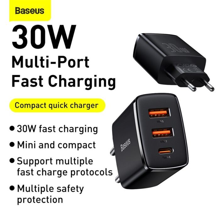 Cốc sạc nhanh siêu nhỏ gọn Baseus Compact Quick Charger 30W(USB dual port +Type C,30w PD/QC3.0 Multi