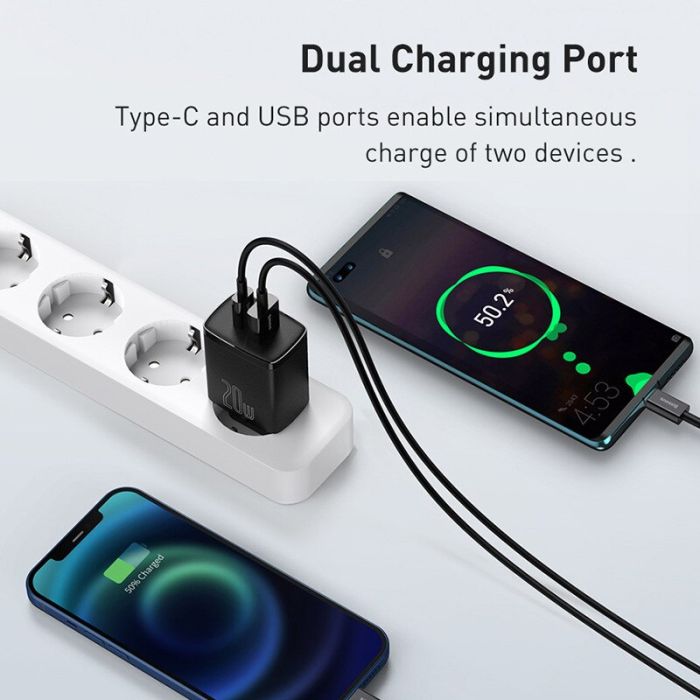 Củ sạc nhanh 20w Baseus Compact Quick Charger 2 cổng USB + USB C, 20W PD/QC 3.0 Multi Quick Charge S