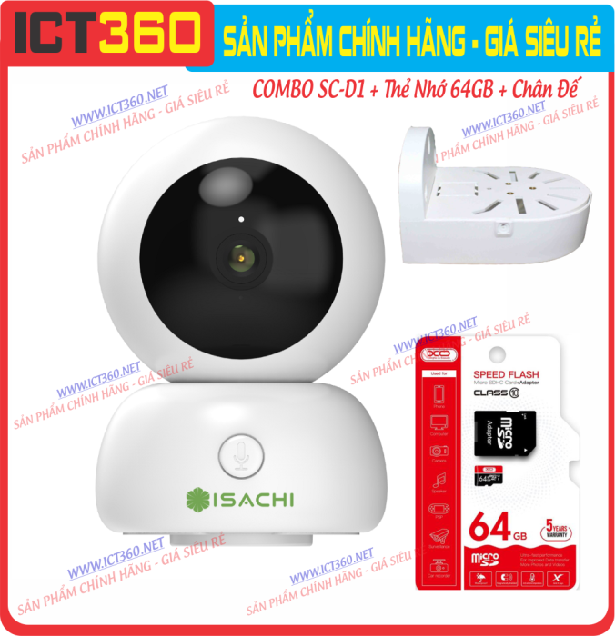 Combo IoT camera ISACHI SC-D1 (2MP) + Thẻ Nhớ 64 + Chân Đế - BH 24 Tháng Full VAT