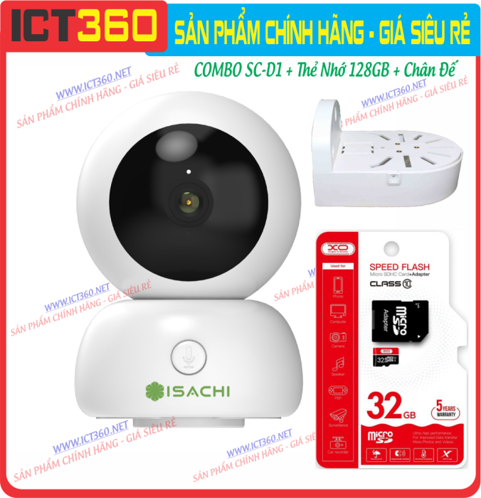 Combo IoT camera ISACHI SC-D1 (2MP) + Thẻ Nhớ 32GB + Chân Đế - BH 24 Tháng Full VAT