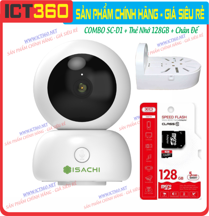 Combo IoT camera ISACHI SC-D1 (2MP) + Thẻ Nhớ 128 + Chân Đế - BH 24 Tháng Full VAT