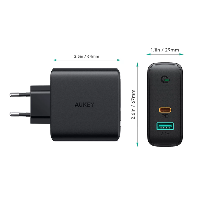 Củ Sạc Nhanh 60W Aukey PA-D3 , 2 cổng USB 12W + Type C 60W sạc tốt iPhone 15 / Macbook