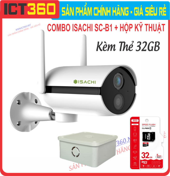 Combo iot Camera ngoài trời ISACHI SC-B1 + Thẻ 32Gb + Hộp Kỹ Thuật - Full VAT - BH 24 Tháng