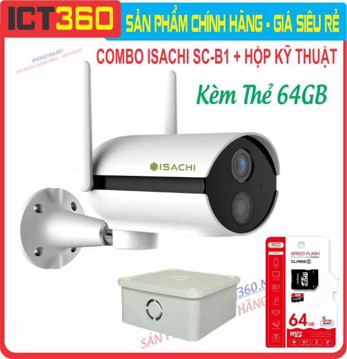 Combo iot Camera ngoài trời ISACHI SC-B1 + Thẻ 64Gb + Hộp Kỹ Thuật - Full VAT - BH 24 Tháng