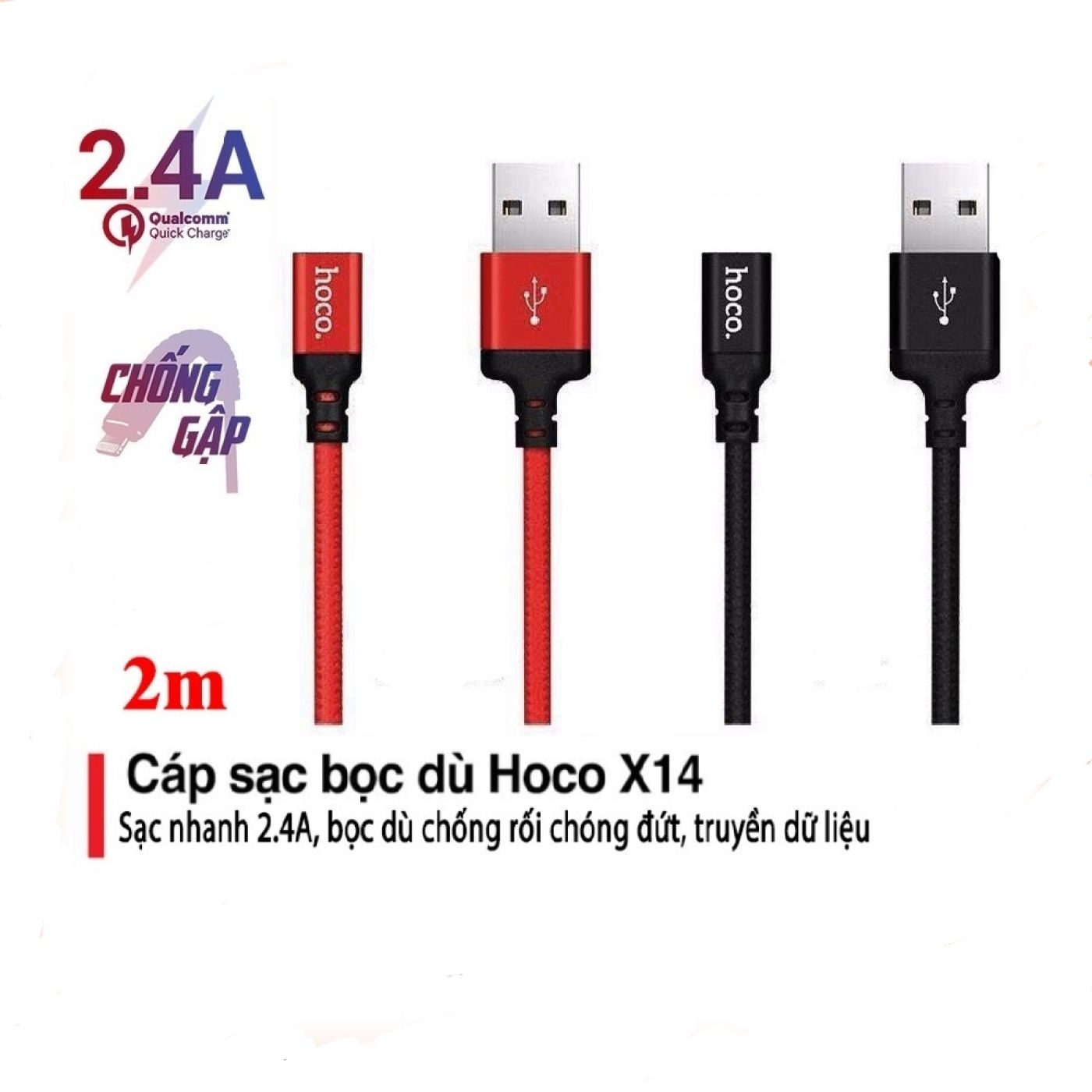 Dây cáp sạc siêu bền, truyền dữ liệu USB sang chân ai phôn lightning hoco X14 dây dài 2m