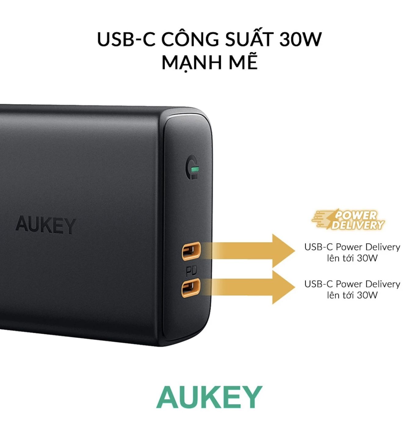 Củ sạc nhanh 36W Sạc Aukey PA-D2 , 2 cổng USB-C- chân dẹt gập sạc nhanh iPhone 15 & Macbook