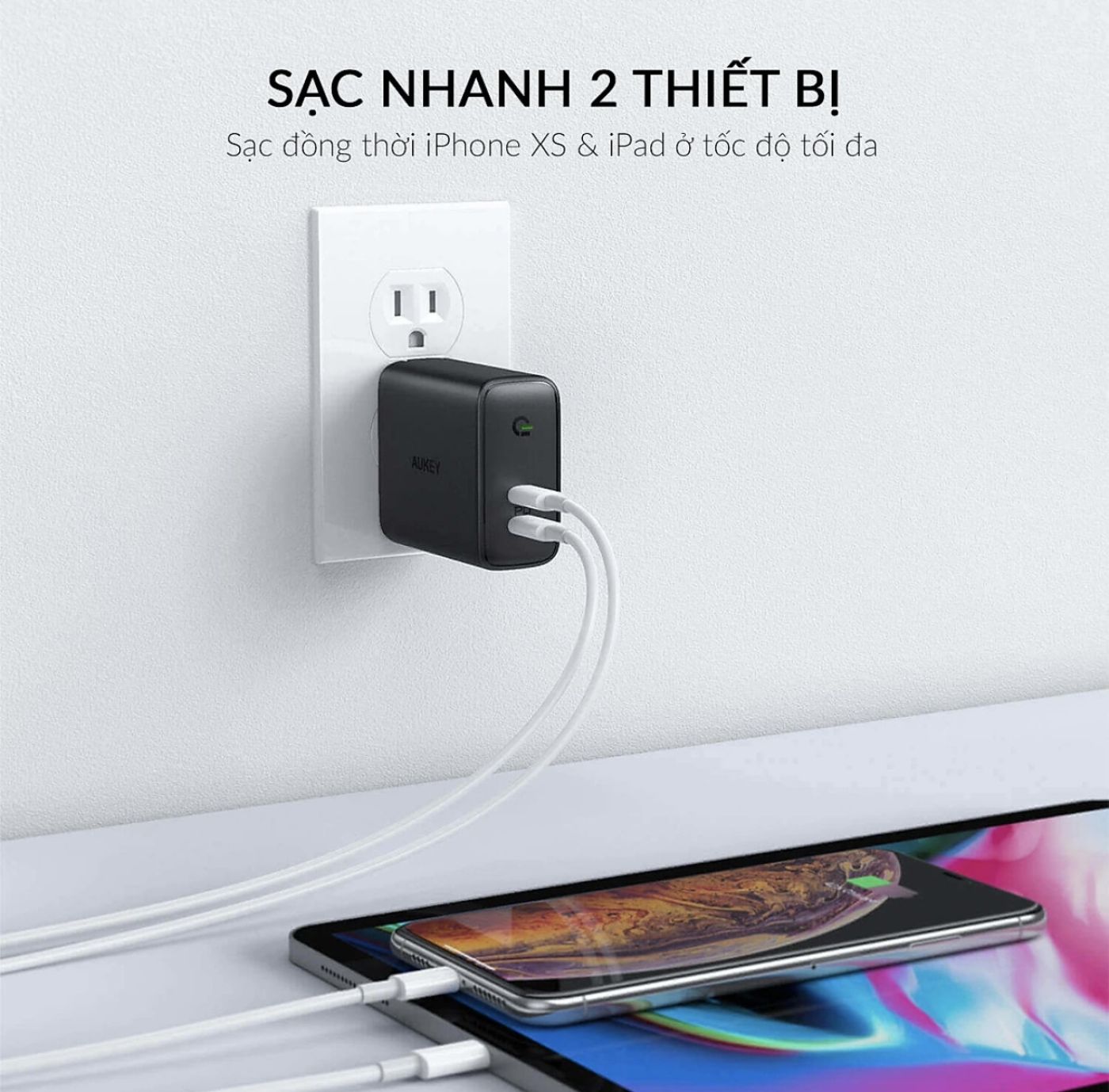 Củ sạc nhanh 36W Sạc Aukey PA-D2 , 2 cổng USB-C- chân dẹt gập sạc nhanh iPhone 15 & Macbook